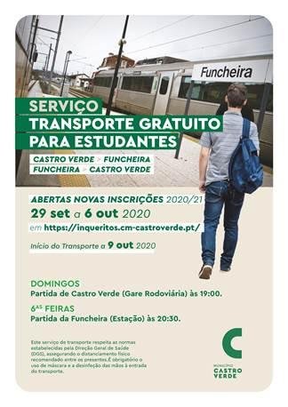 Transporte de estudantes entre Castro Verde e a Funcheira com inscrições abertas