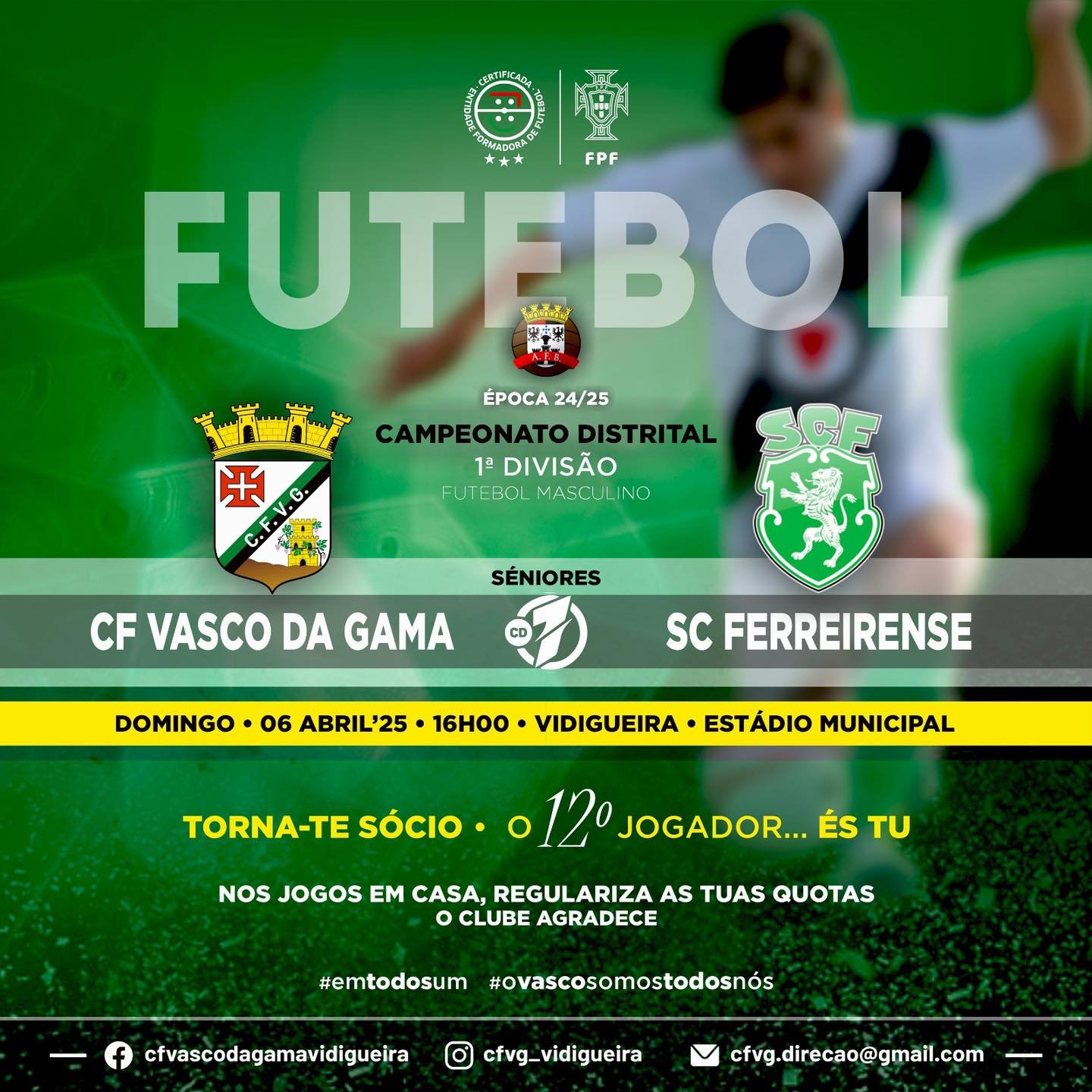 1ª Divisão Distrital: Líder Vasco da Gama recebe o Ferreirense