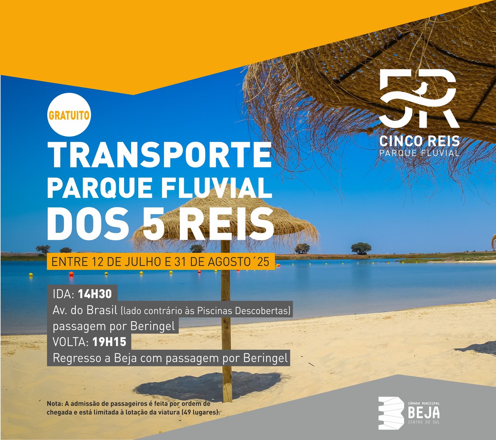 Câmara de Beja garante transporte gratuito para a Praia Fluvial dos Cinco Reis
