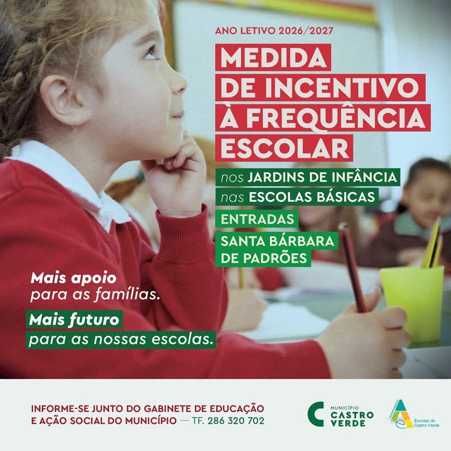Câmara de Castro Verde vai reforçar apoio às famílias nas escolas de Entradas e Santa Bárbara de Padrões