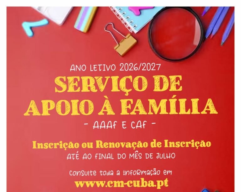Município de Cuba abre inscrições para o Serviço de Apoio à Família 2026/2027